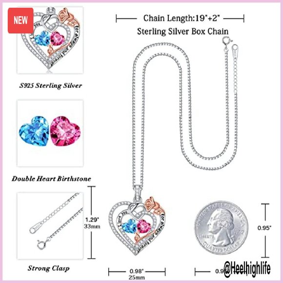 925 Sterling Silver Double Birthstone Necklace Heart Pendant Gift - Picture 5 of 8